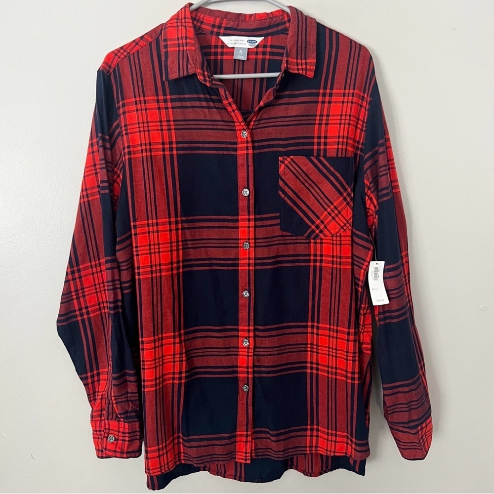 NWT Old Navy Classic Fit Cotton Flannel Button Shirt Womens XL Navy Blue Orange